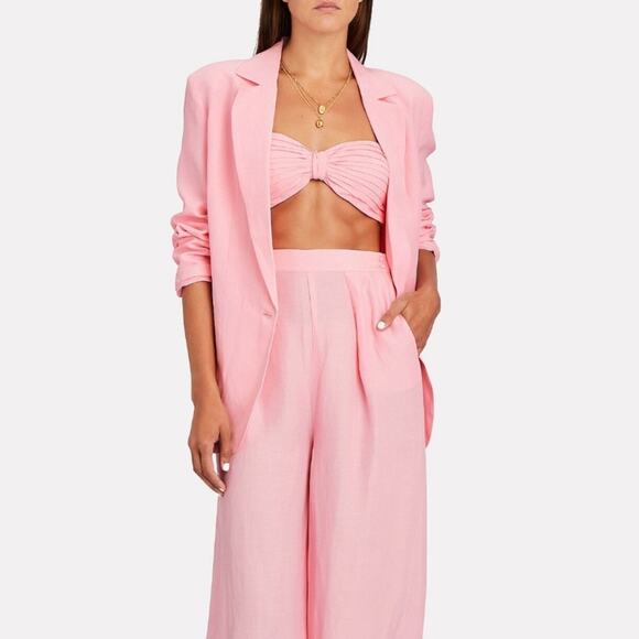 Ronny Kobo Mayah Crop Top Petal Pink Linen Bandeau Knot Smocked Resort S Revolve - Picture 2 of 12